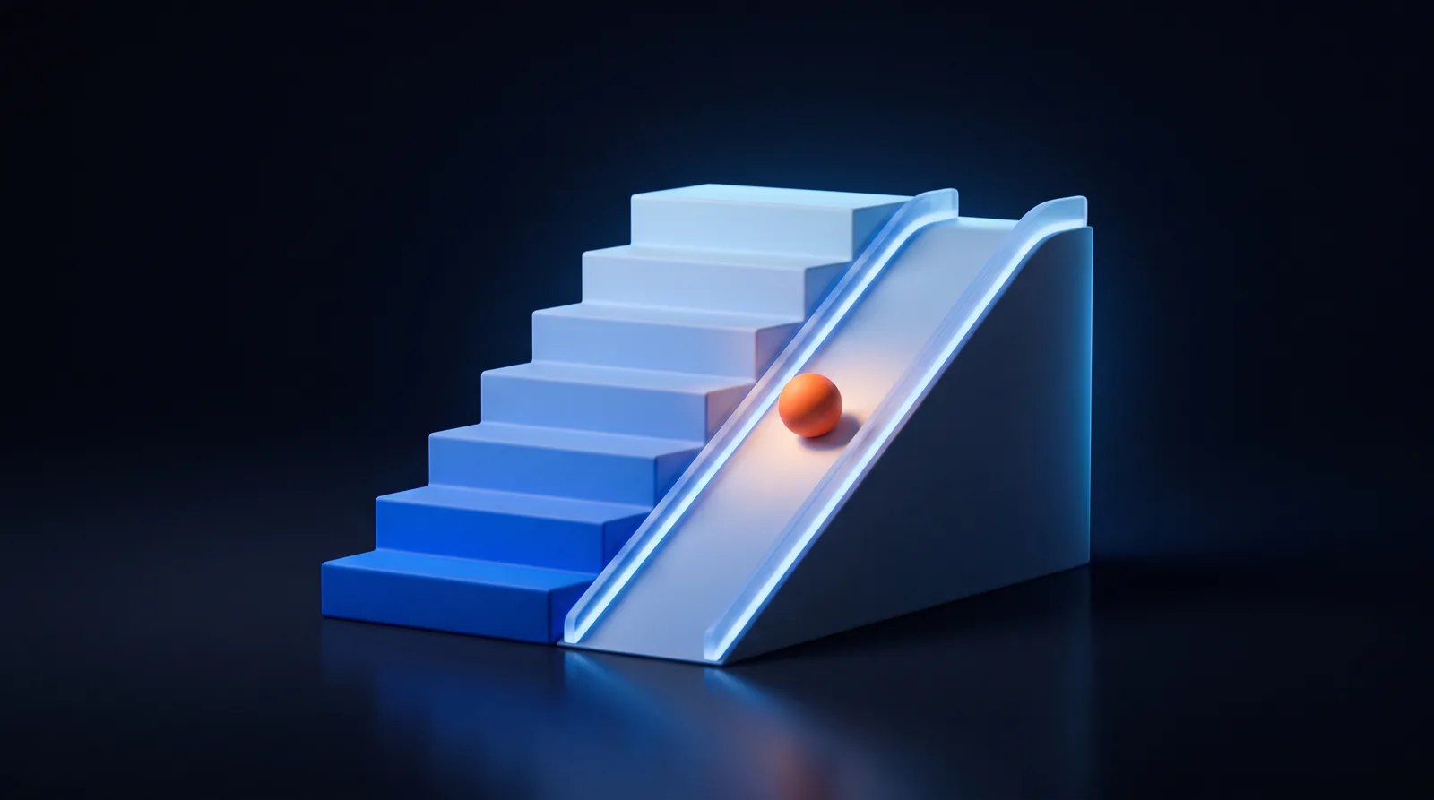 Blaue Treppe mit hellem Verlauf, daneben eine Rampe mit Lichtband und einer orangen Kugel darauf
