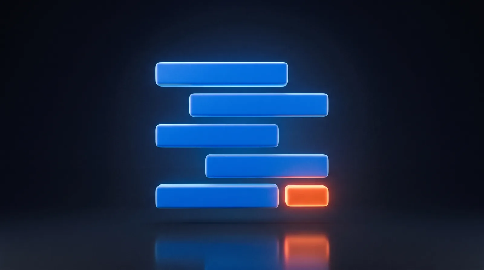 Versetzt gestaffelte blaue Balken wie ein Projektzeitplan, unten rechts ein kurzer orange leuchtender Balken
