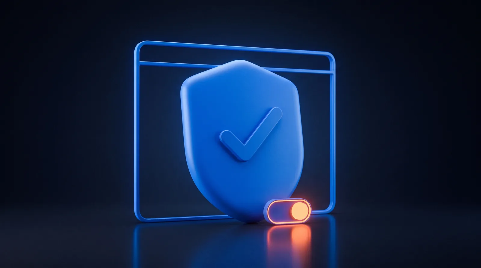 Blaues Schild mit Haken vor einem Browserfenster-Umriss, davor ein kleiner orange leuchtender Kippschalter
