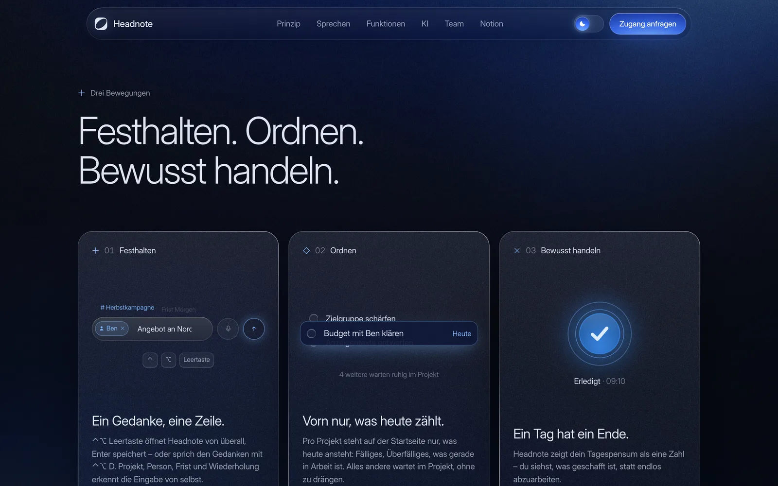 Abschnitt „Festhalten. Ordnen. Bewusst handeln.“ mit drei Karten aus der echten Oberfläche