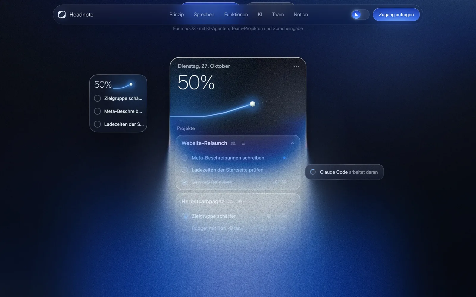 Die Startseite der App schwebt im Licht, daneben das Desktop-Widget und ein Hinweis, dass Claude Code an einer Aufgabe arbeitet