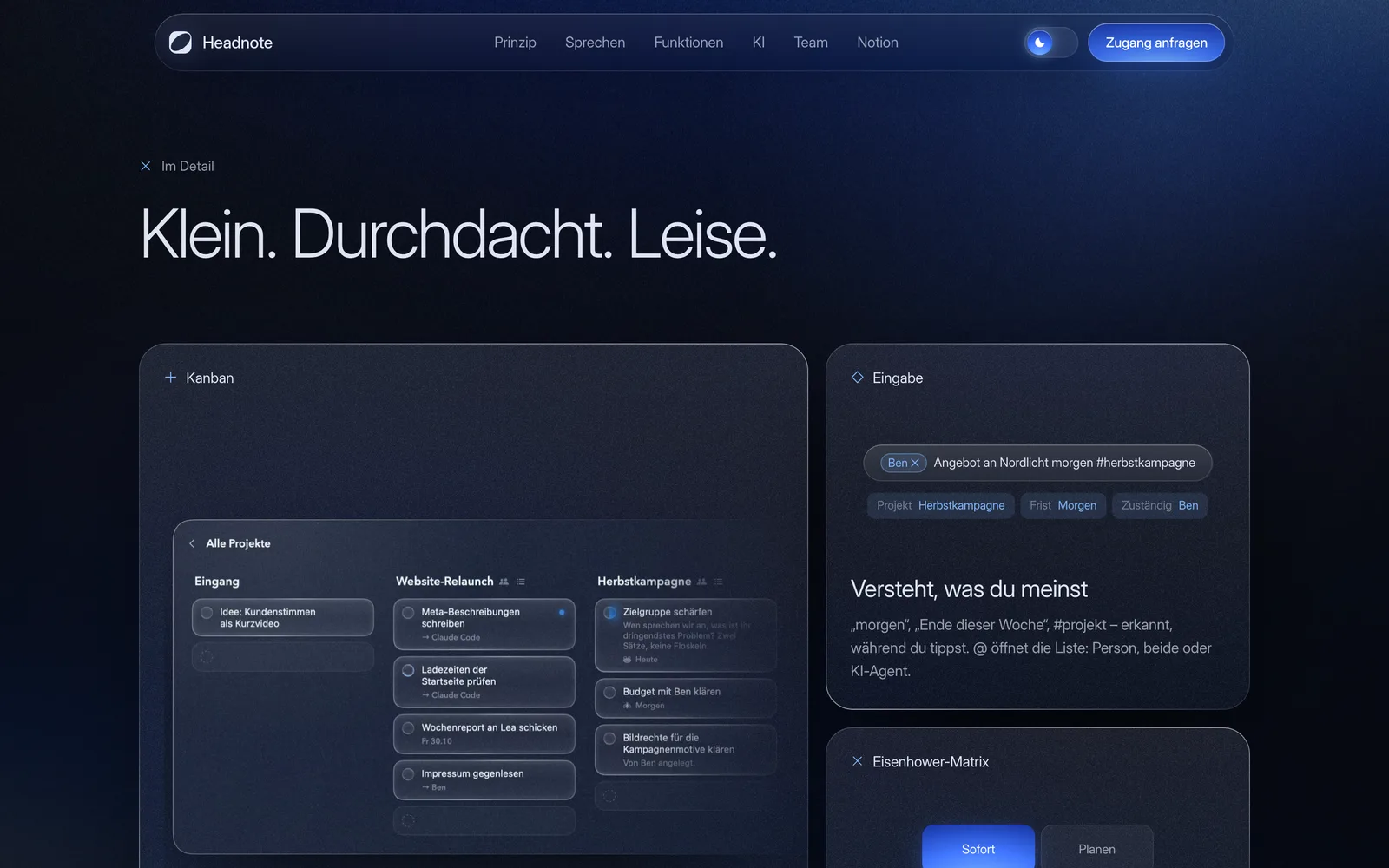 Abschnitt „Klein. Durchdacht. Leise.“ mit Kanban, Eingabe und Eisenhower-Matrix