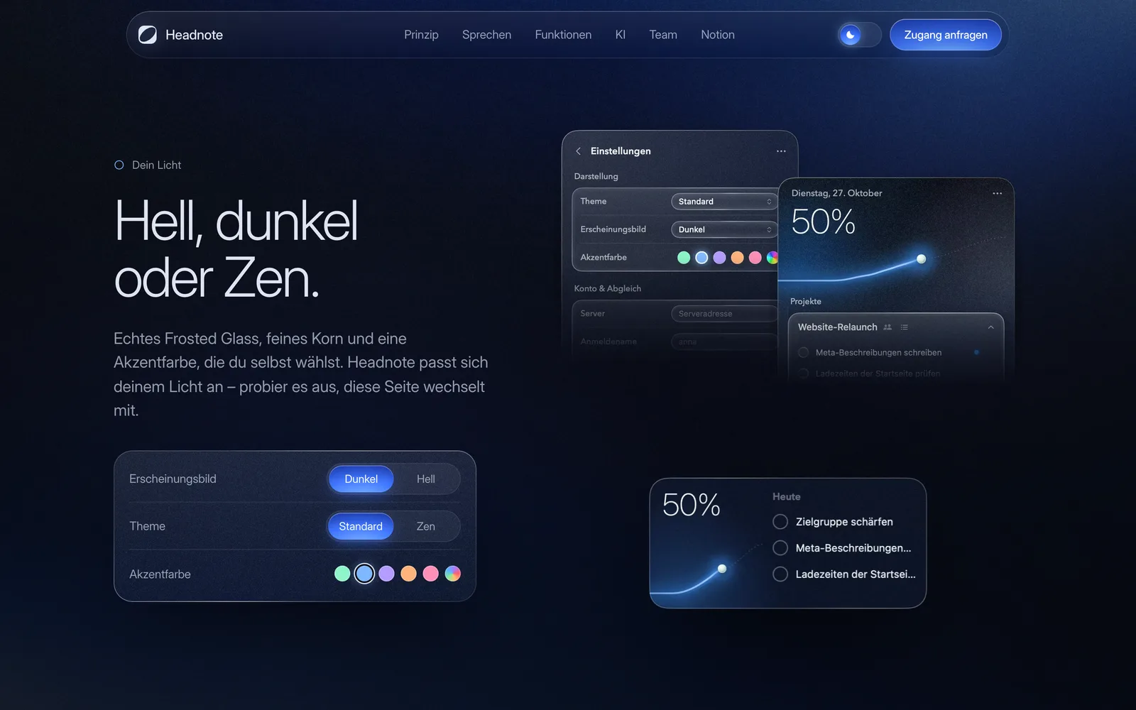 Abschnitt „Hell, dunkel oder Zen.“ im dunklen Licht mit Einstellungen und Widgets