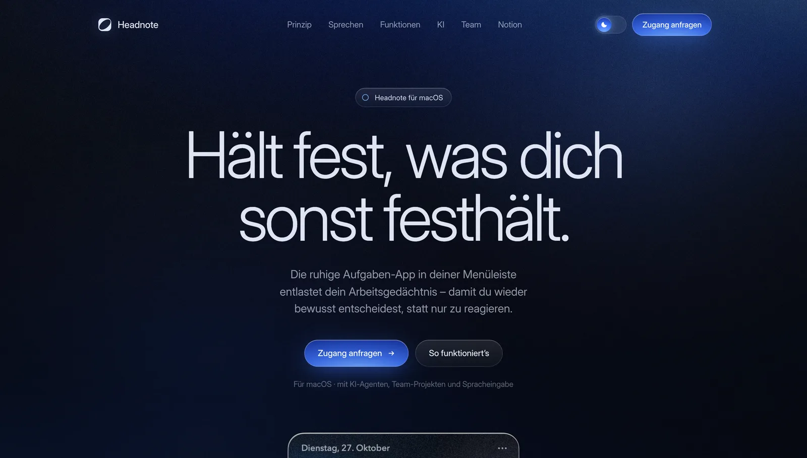 Startseite von Headnote: „Hält fest, was dich sonst festhält.“