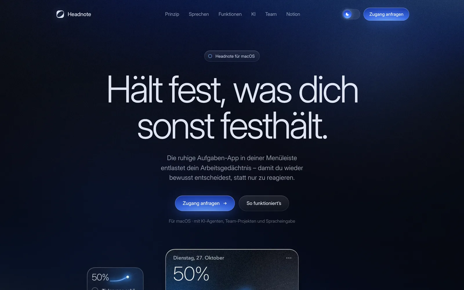 Startseite von Headnote: „Hält fest, was dich sonst festhält.“ – darunter die App, die aus dem Licht aufsteigt