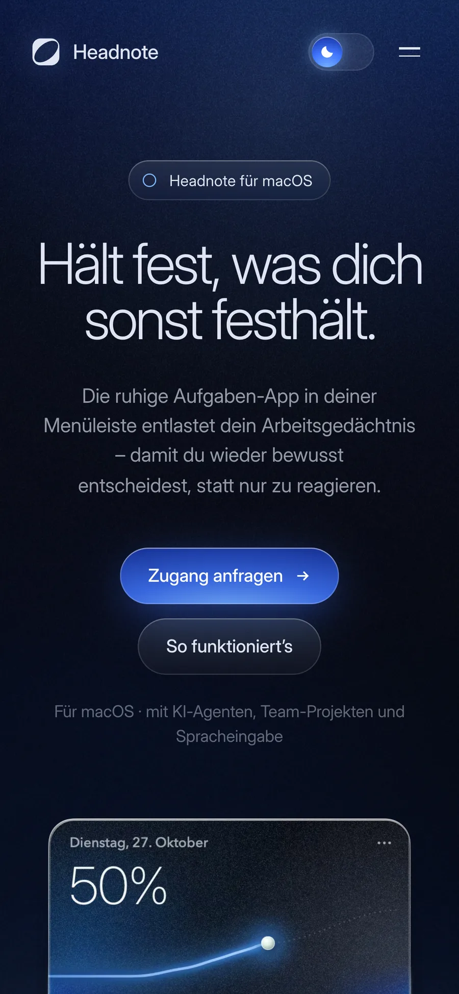 Startseite von Headnote auf dem Telefon mit Überschrift, Zugang anfragen und der App darunter