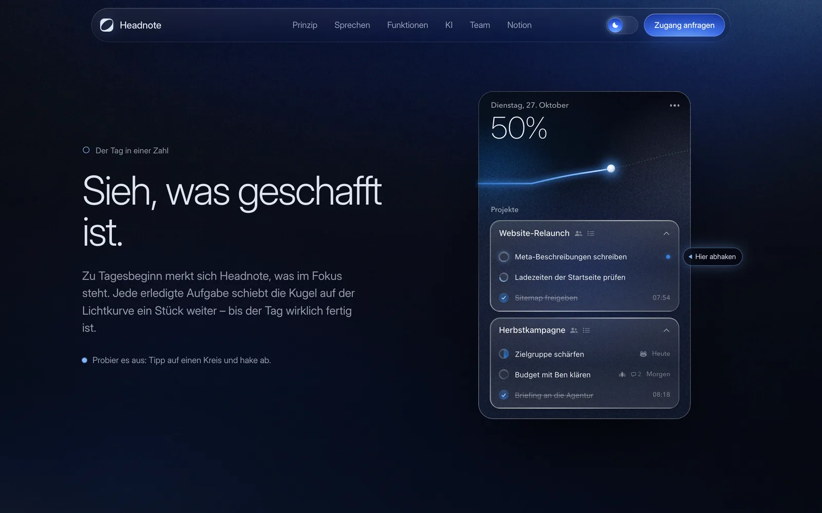 Abschnitt „Sieh, was geschafft ist.“ mit der Startseite der App zum Ausprobieren