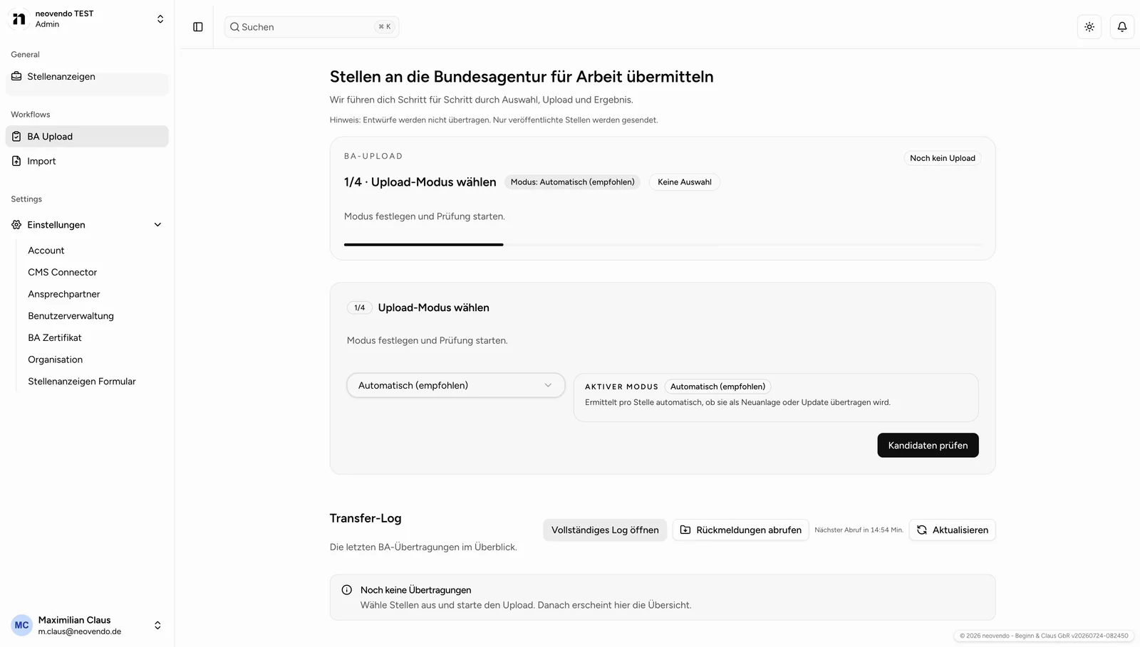 Stellen an die Bundesagentur übermitteln: Moduswahl, Prüfung und Transfer-Protokoll