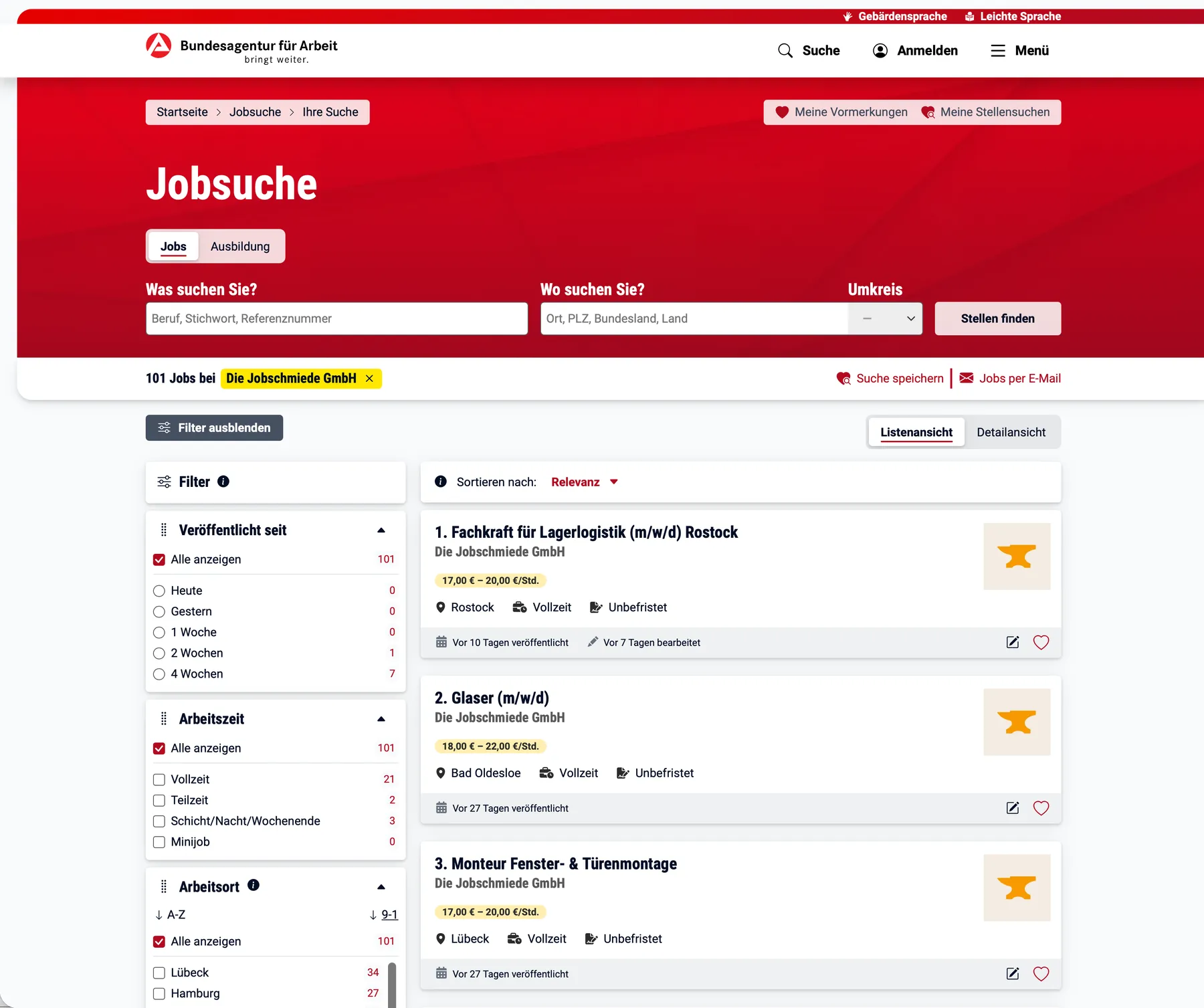 Dieselben Stellen in der Jobsuche der Bundesagentur für Arbeit