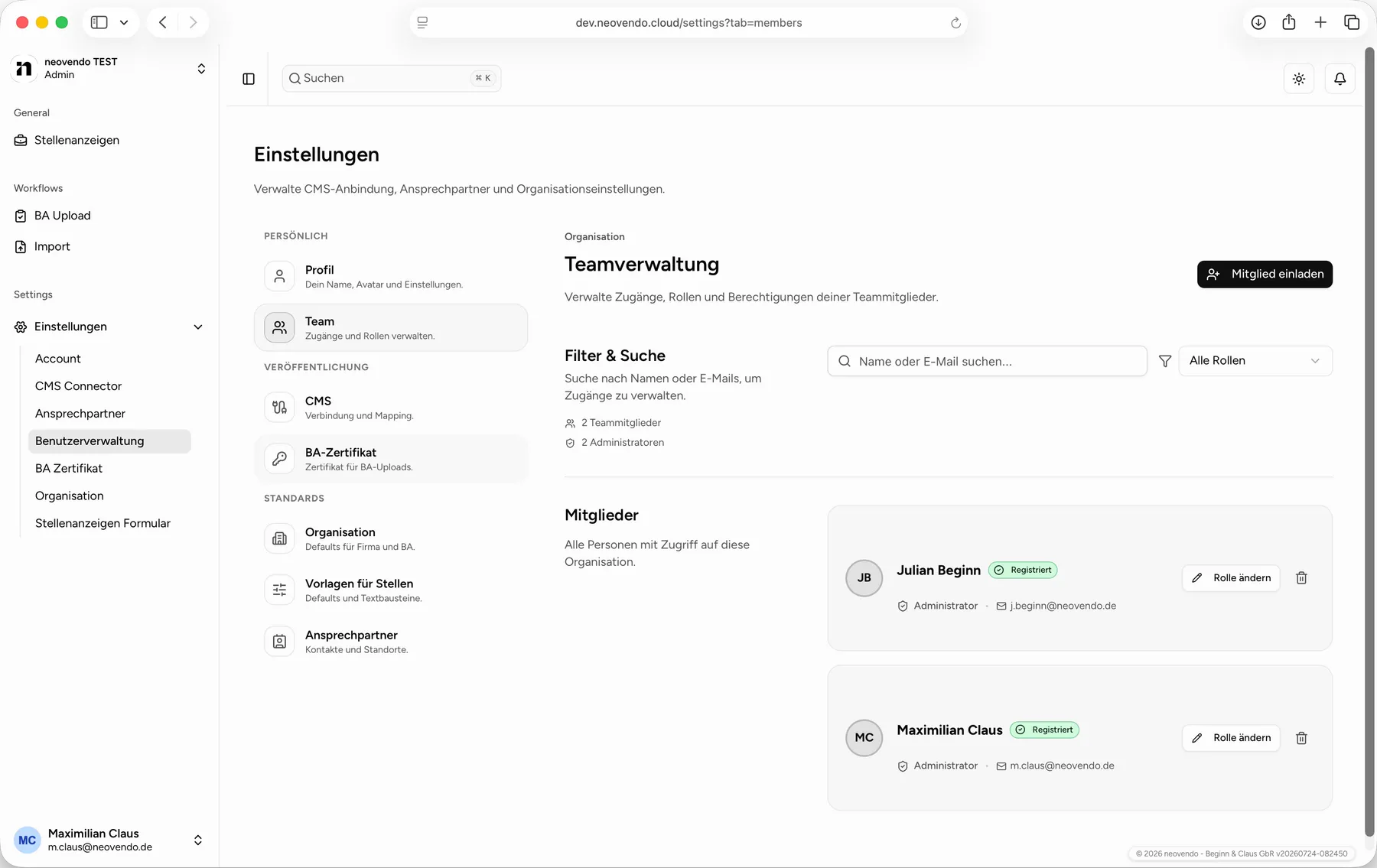 Teamverwaltung mit Mitgliedern, Rollen und Berechtigungen