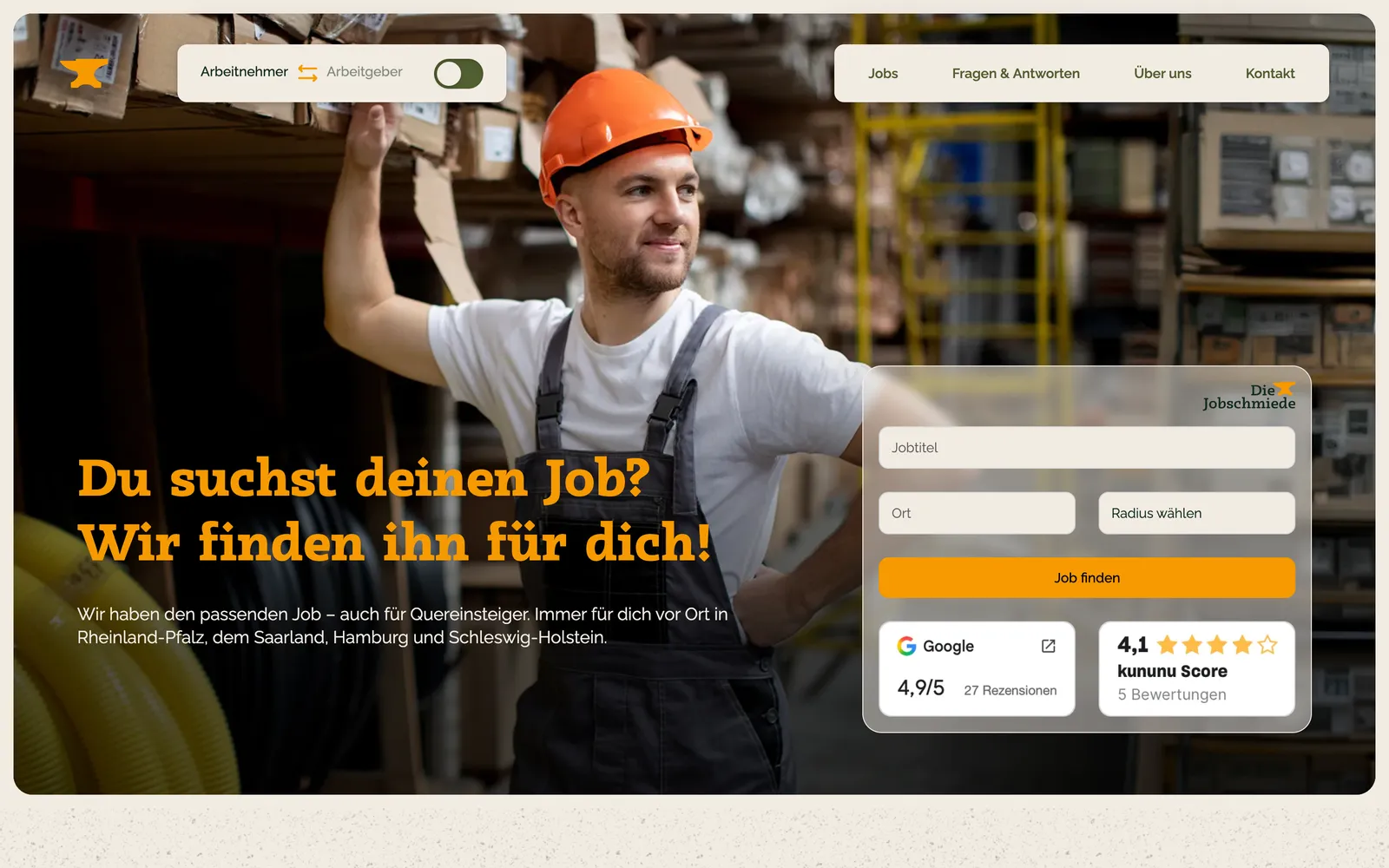 Startseite der Jobschmiede: Jobsuche mit Ort und Umkreis, daneben Bewertungen bei Google und kununu