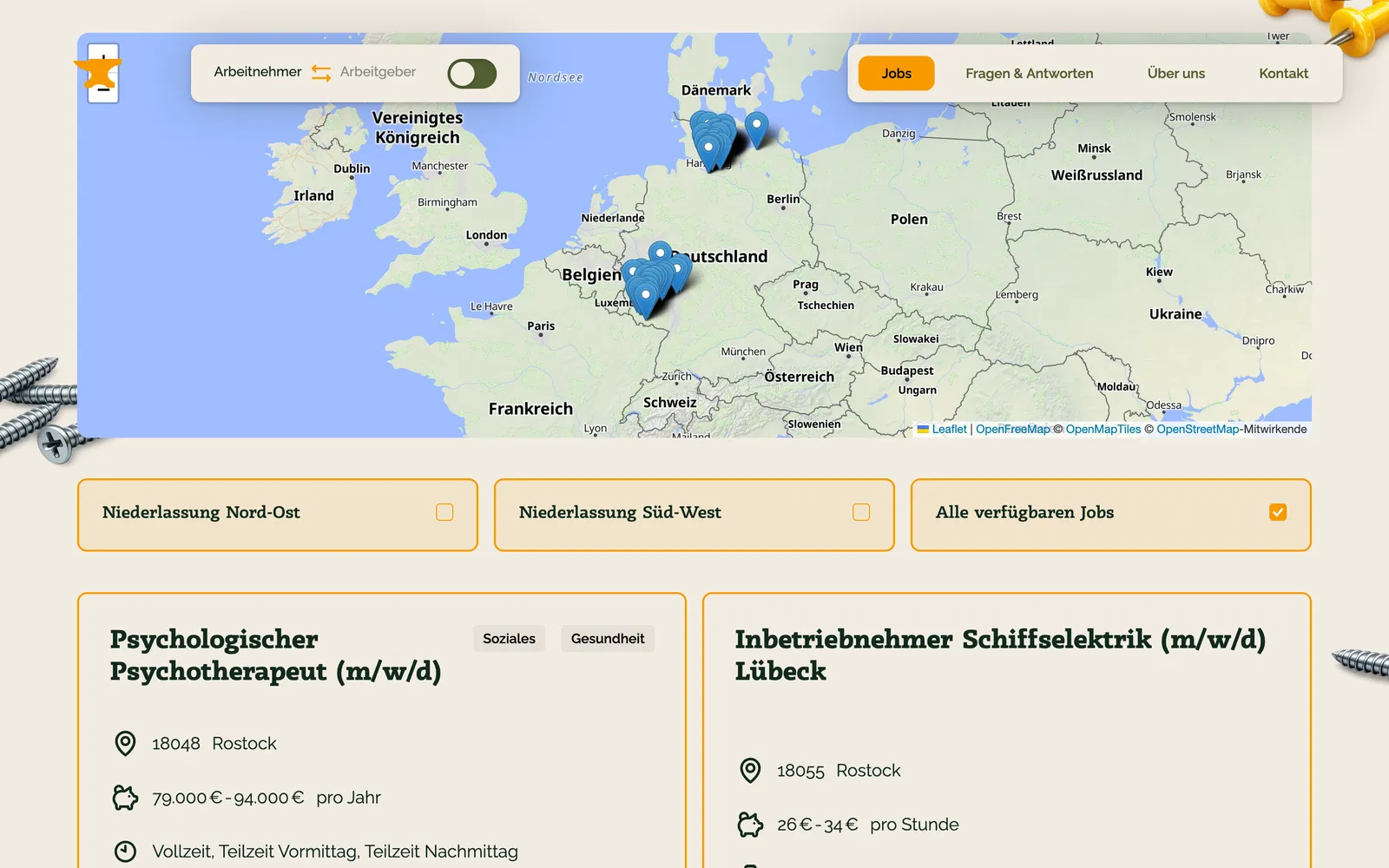 Jobsuche mit Karte, Filtern nach Niederlassung und Stellenkarten mit Ort und Gehalt