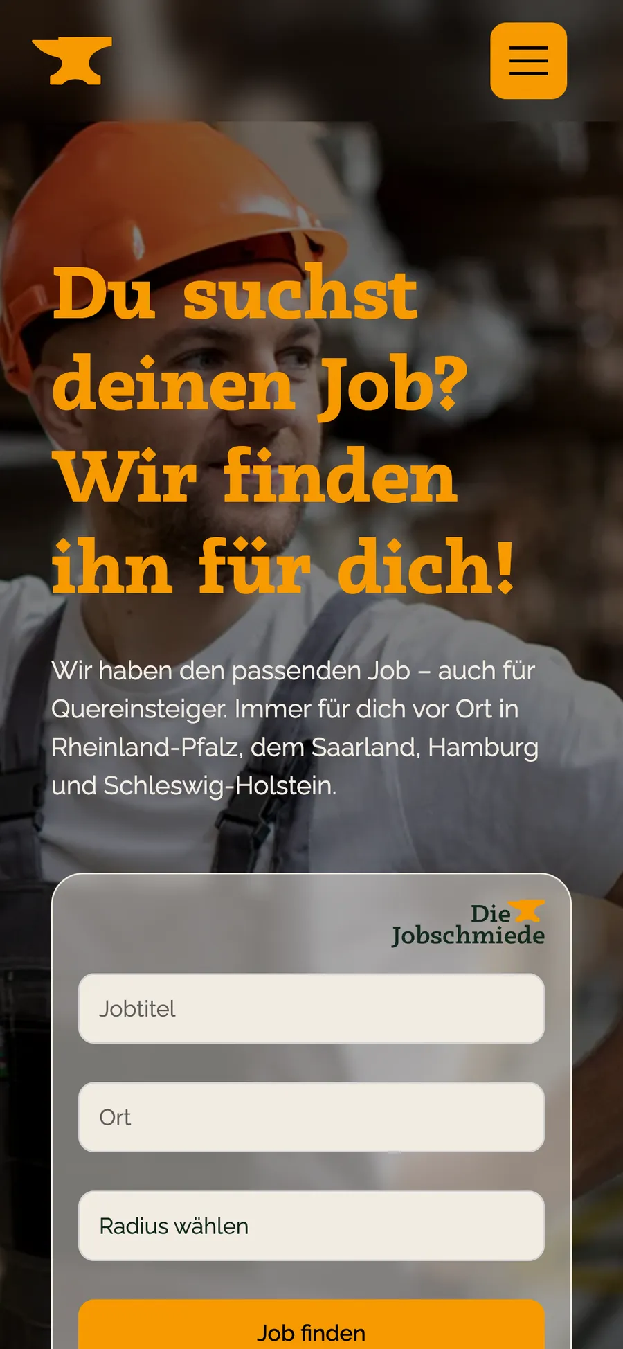 Startseite der Jobschmiede auf dem Telefon mit Jobsuche im ersten Bildschirm