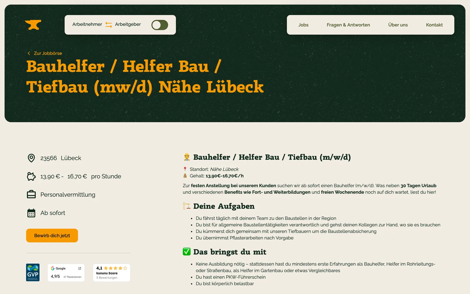 Stellenanzeige auf der Website: Ort, Stundenlohn, Anstellungsart und Aufgaben auf einen Blick