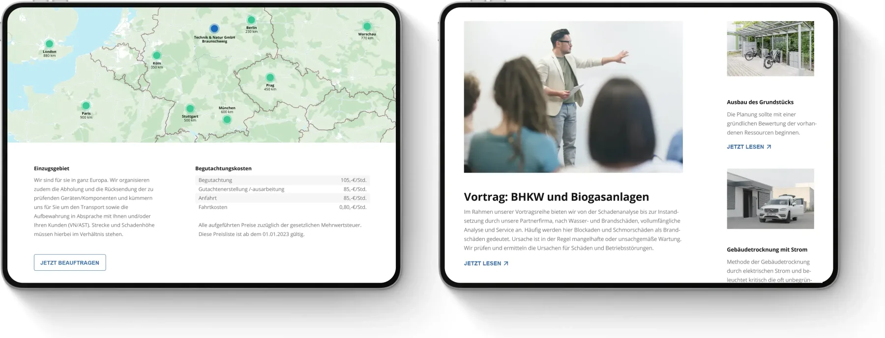 Einsatzgebiet auf der Karte und ein Fachbeitrag – die Website auf zwei Tablets