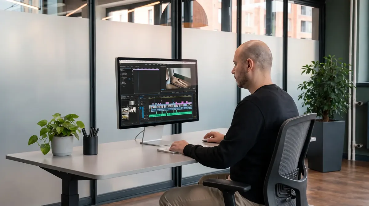 Arbeitsplatz im Büro: Am Monitor ist ein Video im Schnittprogramm geöffnet.
