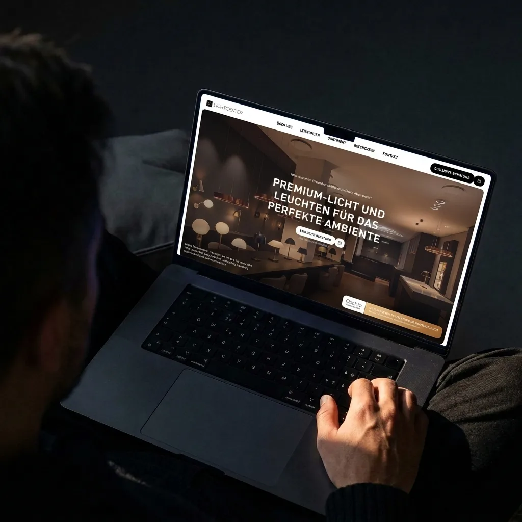 Startseite von Lichtcenter auf einem Notebook: Premium-Licht und Leuchten für das perfekte Ambiente
